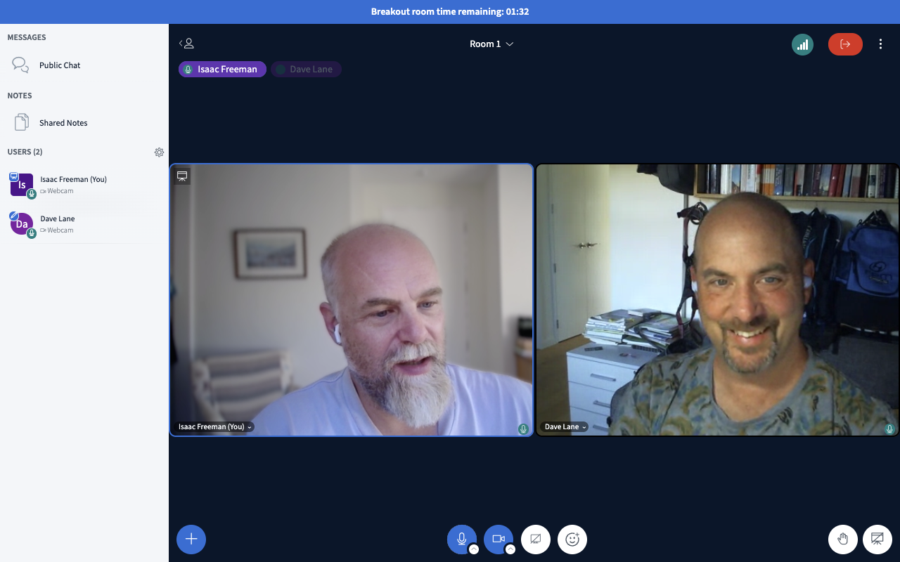 BigBlueButton screenshot, showing two people in a video conference