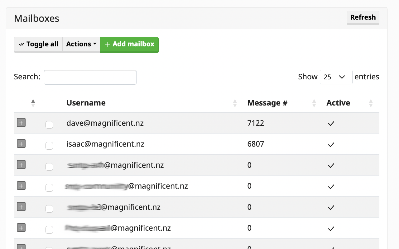 Screenshot showing mailboxes in Mailcow's admin UI