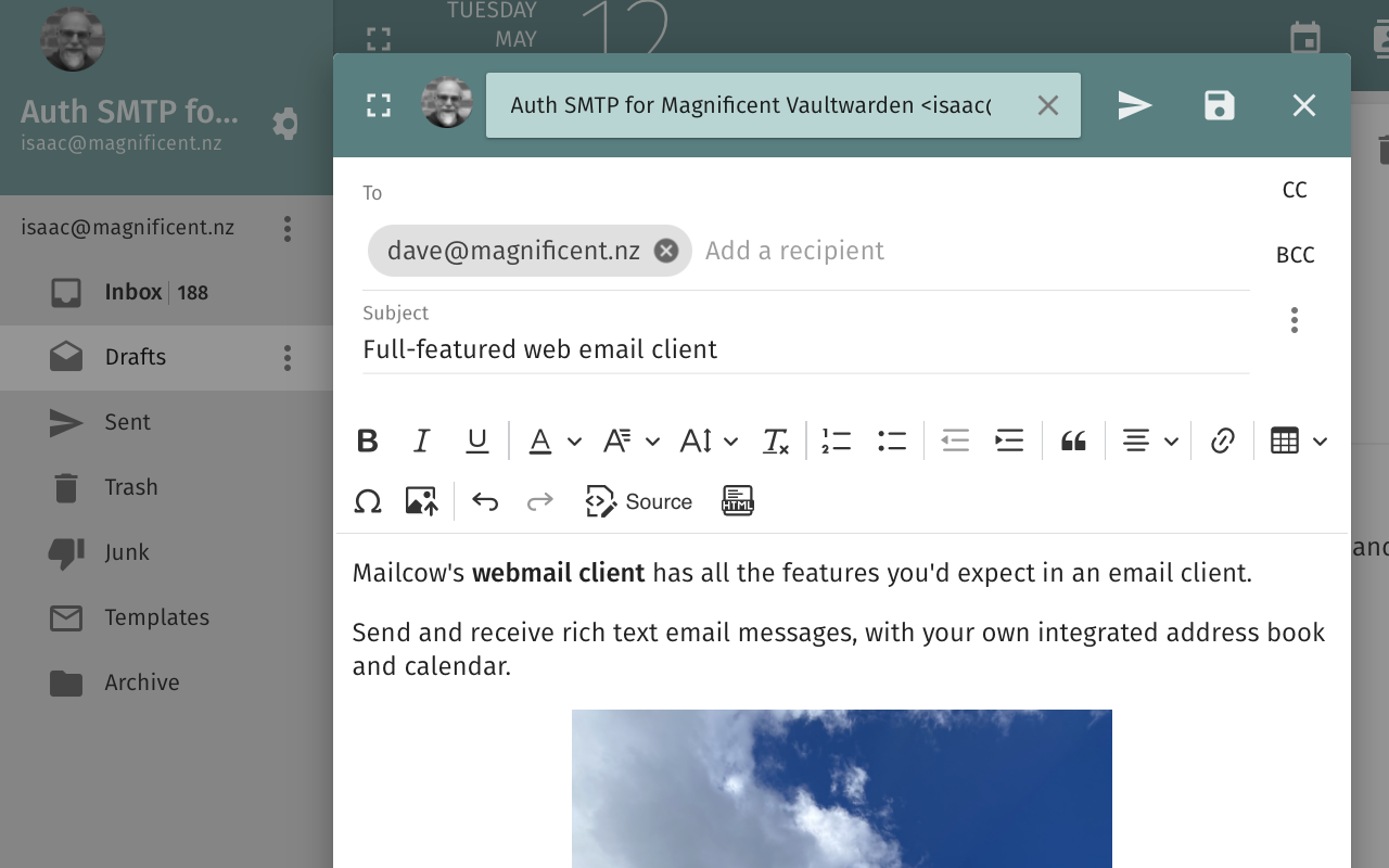 Screenshot showing an email being edited in Mailcow's web client
