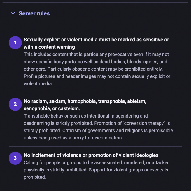 Screenshot showing rules of conduct for the mastodon.social isntance