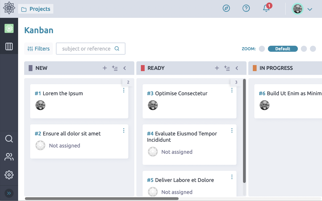 Taiga screenshot, showing a kanban board
