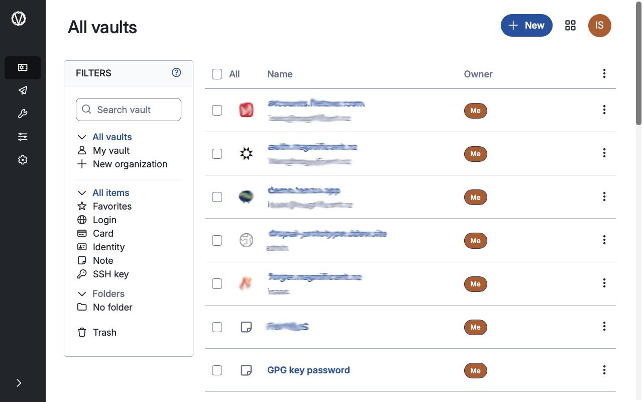 VaultWarden screenshot, showing stored passwords