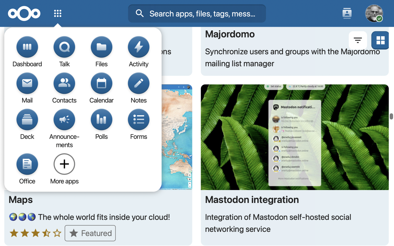 Screenshot showing a range of Nextcloud add-ons