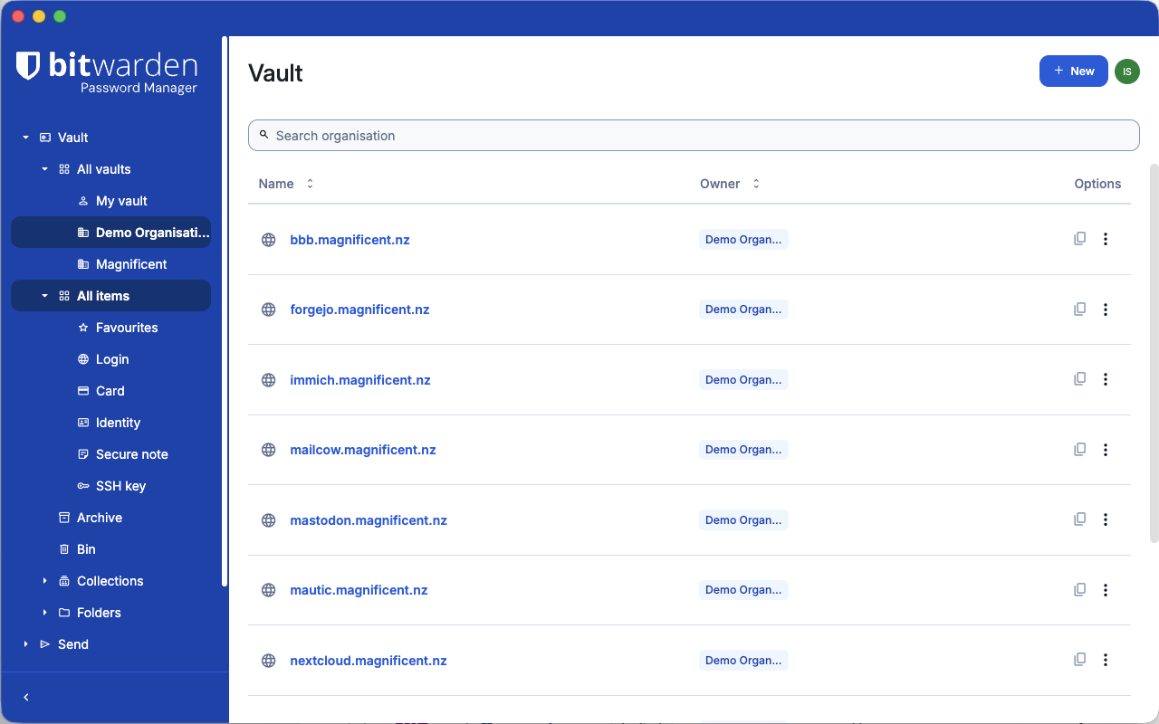 Screenshot from native BitWarden client app running on macOS and listing passwords from a VaultWarden instance