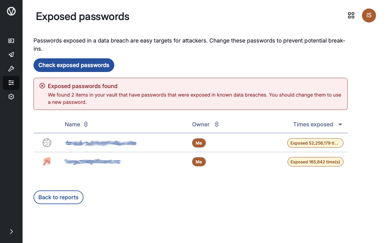 Vaultwarden screenshot, showing that it has identified some passwords that need to be updated