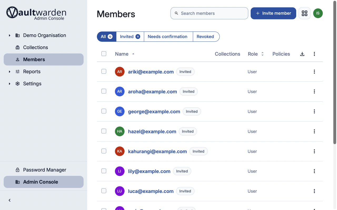Vaultwarden screenshot showing lots of invited users