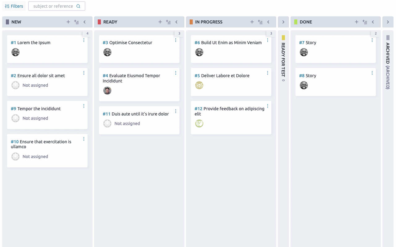 Taiga screenshot, showing a kanban board