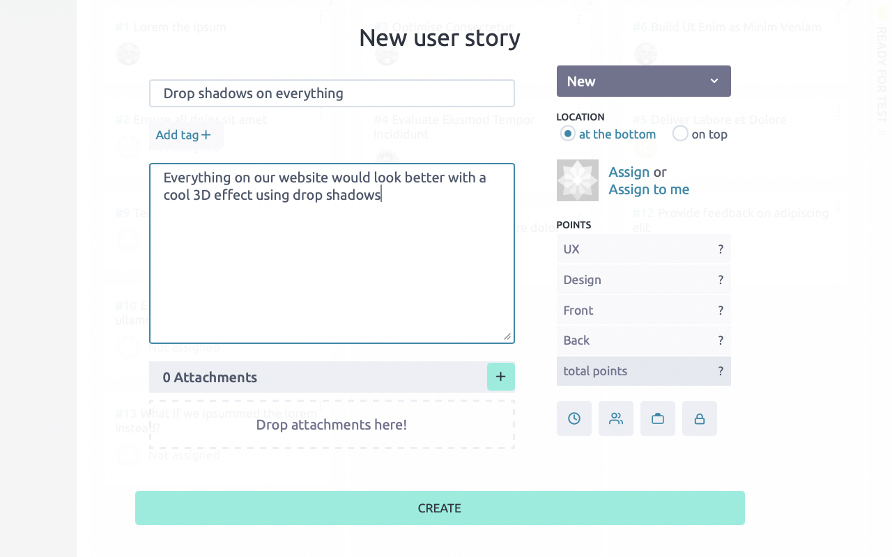 Screenshot showing a new story being created in Taiga